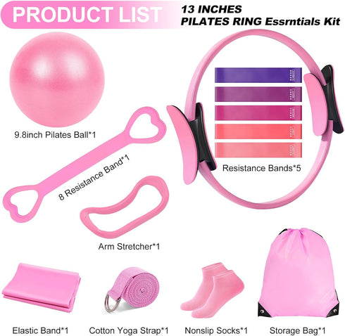 13'' Set 5 Set Pilates Kit for Women, Pilates Equipment with Magic Circle, Pilates Ring and Ball with Strength Bands