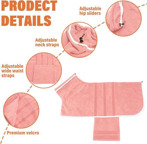 Dog Robe - Fast Drying Towel - Microfiber Super Absorbent Pet Bathrobe, Adjustable Collar & Belly Strap (Pink