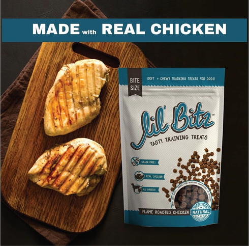 Lil' Bitz Flame Roasted Chicken Training Treats - Low Calories, Grain Free, 3 Pack for All Dog Breeds