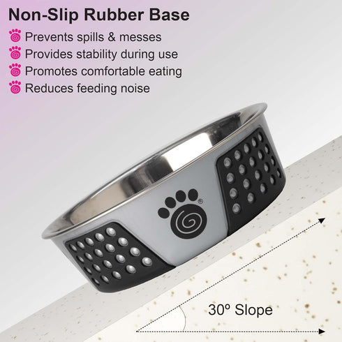 PetRageous 13099 Fiji Stainless Steel Dog Bowl, Non-Slip, Dishwasher-Safe, 6.5-Cup Capacity, Light Grey and Black