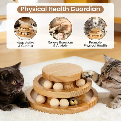 3-Level 7 YooxArmor Cat Ball Track Toy for Cats, Wooden Tower with Spinning Balls, Interactive Indoor Play for Kittens