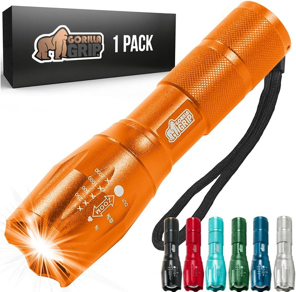 Gorilla Grip Powerful LED 750 FT Water Resistant Tactical Flashlight, High Lumens Ultra Bright Mini Flash Light (Orange)