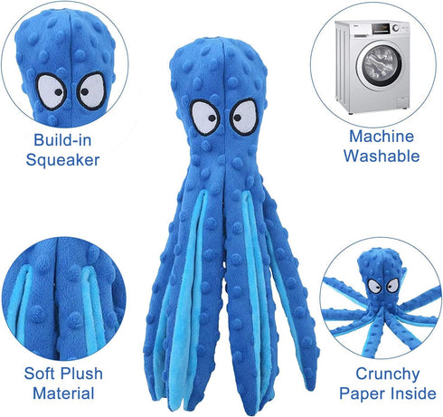 WishLotus Octopus Dog Squeaky Toy - No Stuffing, Plush, Crinkle Paper in Legs, Corduroy Interactive Play & Teething Toy