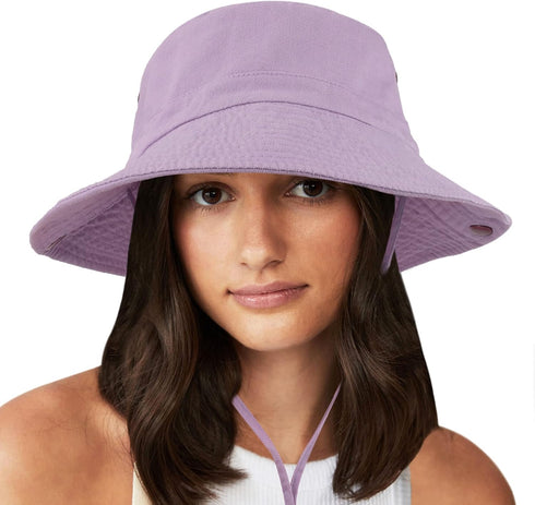Unisex Cotton Boonie Hat, Packable Summer Outdoor Fishing Bucket Hat with String for Women Men