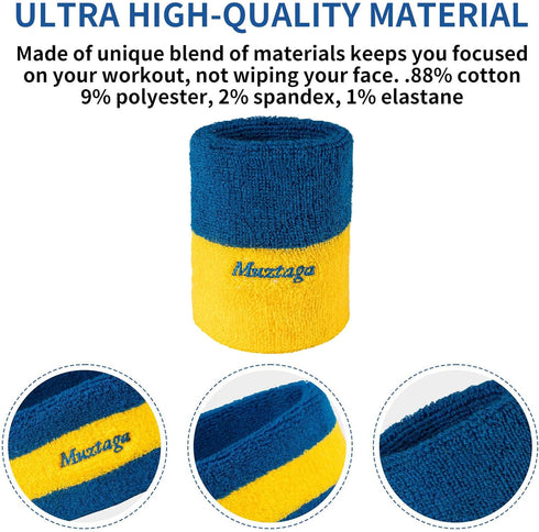 Muztaga Sports Wristbands for Men & Women - Blue & Yellow Two-Tone Soft Breathable Terry Cloth | Moisture Wicking