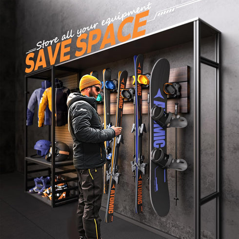 Ski Wall Mount Space-Saving Rack, Ski and Snowboard Storage for Garage Wall, 1 Pack