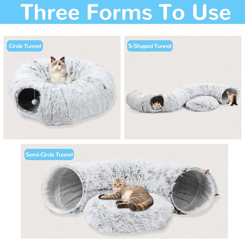 HAITRAL 2-in-1 Plush Cat Tunnel Bed,Cat Toys Cat Tube for Indoor Cats,Collapsible Washable Donut Cat Bed Cat Play