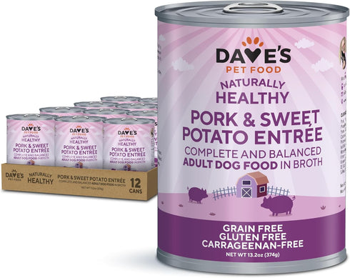 Dave's Pet Food Grain Free Wet Dog Food, Pork & Sweet Potato in Broth, 13.2 oz Cans, Case of 12, Made in Canada