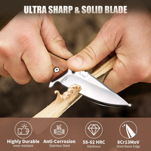 Vickay Folding Pocket Knife, EDC Knife with 8Cr13MoV 3.19" Stainless Steel Blade and Brown Wood Handle for Outdoor