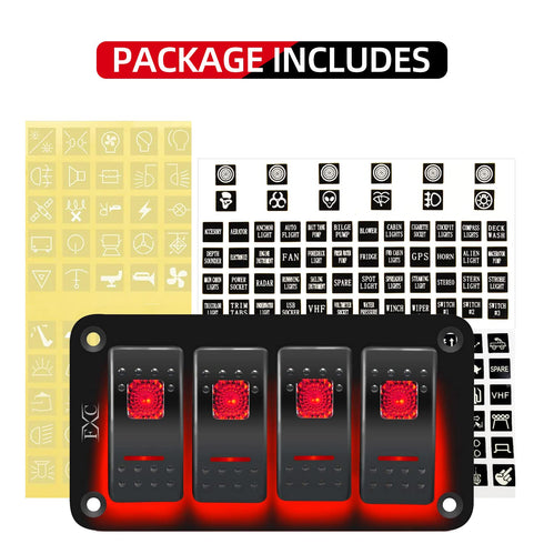 FXC Rocker Switch Aluminum Panel, 4 Gang Toggle Switches Dash, 5 Pin ON/OFF, 2 LED Backlit for Boat Car Marine Red