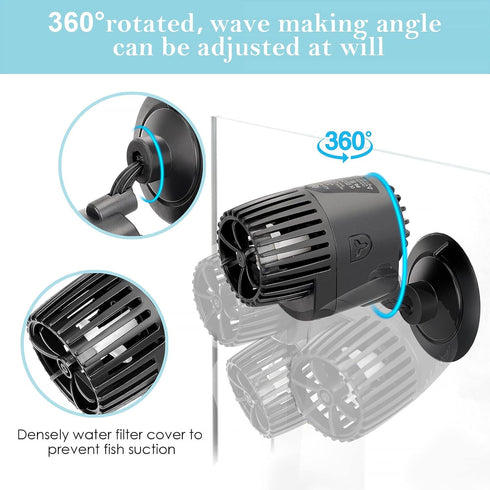 AQQA Aquarium Wave Maker, 3W/5W/10W/15W Suction Cup Fish Tank Pump, Ultra Quiet Submersible Circulation Pump