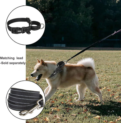 Reflective Martingale Collar for Dogs, Quick Snap Buckle Anti-Pull Nylon Safe Slip Collar for Easy Walking (Black,