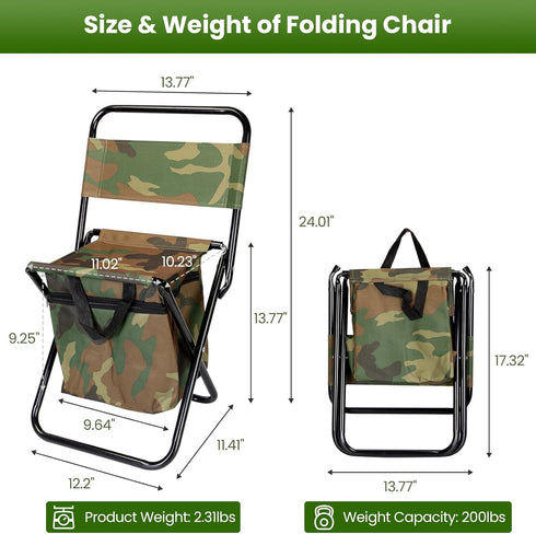 TeqHome Portable Foldable Fishing Chair with Cooler Bag, Lightweight Folding Camping Chair, Outdoor Backrest Stool