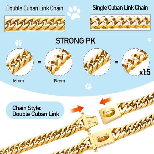 BAOBOTE Gold Chain Dog Collar, 16MM 18K Gold Heavy Duty Cuban Link with Secure Snap Buckle, Chew Proof for Dogs (24"