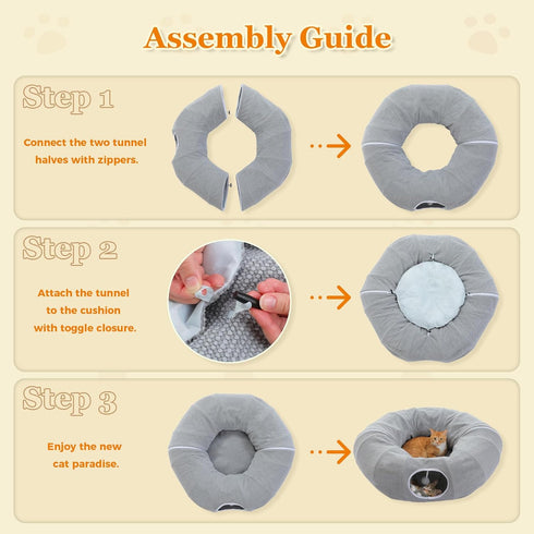 PEQULTI Cat Donut Tunnel with Bed for Indoor Cats, Cat Play Tunnel with Washable Soft Plush Mat, Round Tube Toys Cute