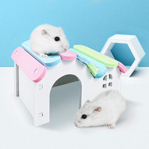 DIY Wooden Dwarf Hamsters House, Gerbil Hideout with Rainbow Bridge Swing, PVC Seesaw, Small Animal Habitat Accessories