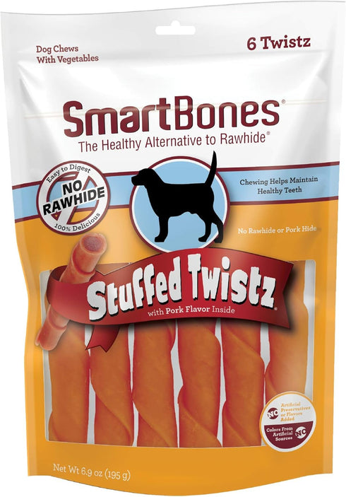 Smartbones Stuffed Twistz with Pork Flavor - 6 Count Rawhide-Free Chews for Dogs, No Artificial Preservatives Added