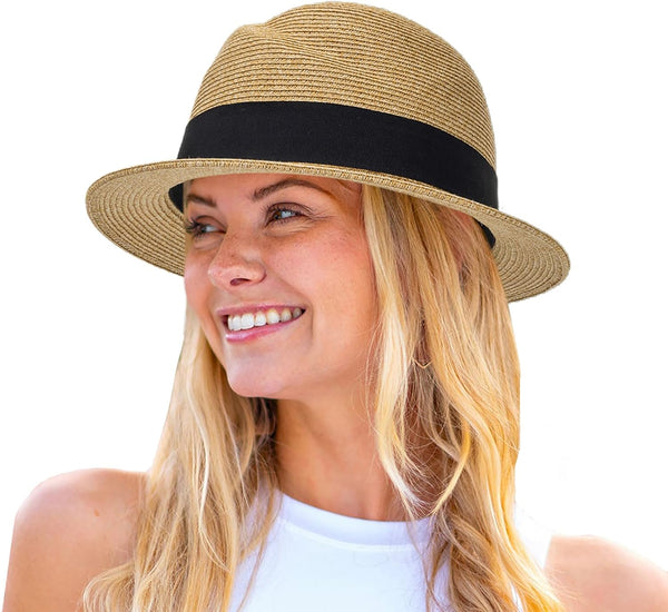 Straw Fedora Sun Hats for Women & Men, Summer Short Brim Roll Up Trilby Hat, Packable Panama Jazz Hat