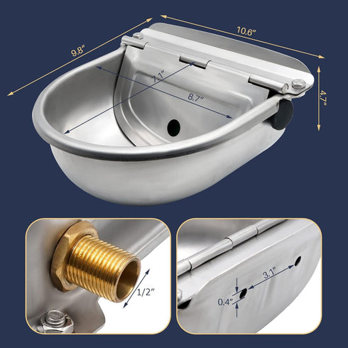 85oz, 304 3/4" Automatic Dog Water Bowl Dispenser Stainless Steel Self-Filling Bowl with Brass Float Valve for Outdoor