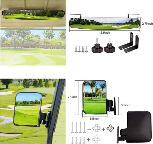 Newest Golf Cart Mirrors, 16.5" Panoramic Rear View and Folding Side Mirrors for Club Car