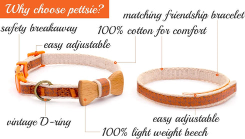 Pettsie Breakaway Cat Collar with Bow Tie and Matching Bracelet, Adjustable Cotton Kitten Collar, 8-11 Inches, Orange