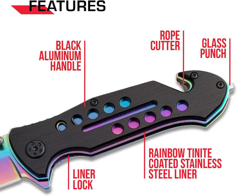 TAC Force Spring Assisted Folding Pocket Knife - Rainbow TiNite Coated Blade with Black Aluminum Handle