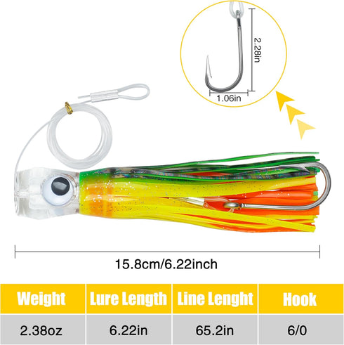 OROOTL Saltwater Fishing Trolling Lures for Tuna, Mahi, Marlin, 6" Big Game Sea Fishing Gear with Rigged Hook