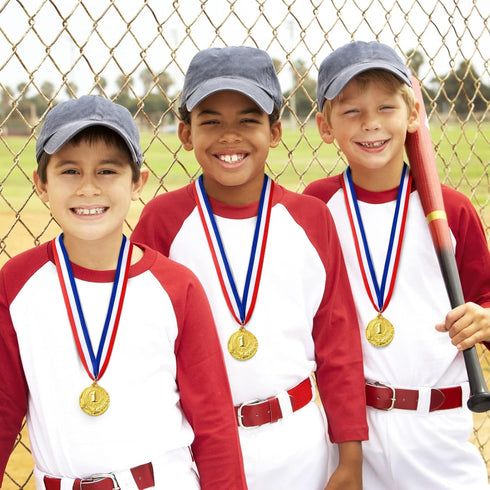 Juvale 1st Place Gold Medals for Kids & Adults - 6-Pack with 15.5 in Red, White & Blue Neck Ribbon