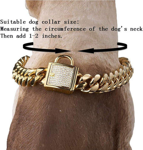 Gold Dog Chain Collar - Stainless Steel with Zirconia Lock, Heavy Duty Cuban Chain for Small Medium Large Dogs (14mm
