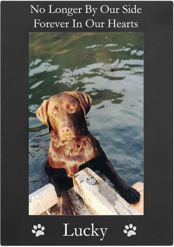 Custom Dog Memorial Photo Frame - "No Longer by Our Side, Forever in Our Hearts" Engraved Aluminum Hanging/Tabletop