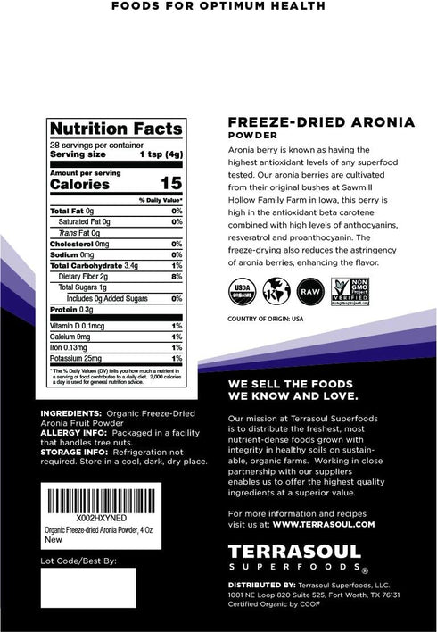 Terrasoul Superfoods Organic Aronia Powder, 4 Oz, Freeze-Dried with Antioxidants