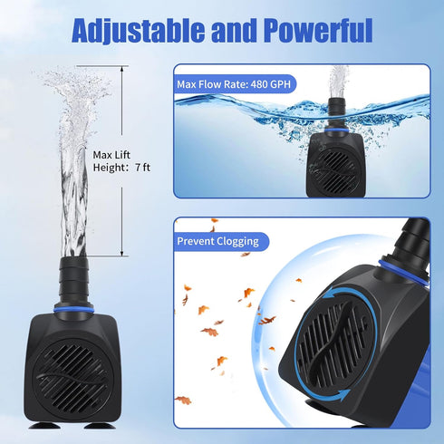 AQUANEAT Fountain Pump | 480 GPH Submersible Water Pump with 5 ft Tubing for Aquarium, Water Table & Hydroponics