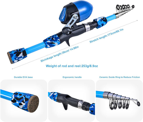 LEOFISHING 170cm/5.6ft Kids Fishing Rod Set, Portable Telescopic Poles with Collapsible Chair, Net, Carrier Bag for