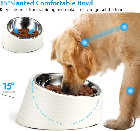 Tilted Angle Dog Bowl, 15° Slanted Stainless Steel Dog Cat Food Bowl, Non-Slip & Non-Spill Pet Feeder with Elevated Detachable Melamine Stand, Easy to Get Food Dog Dish, Medium 1.5 Cup White