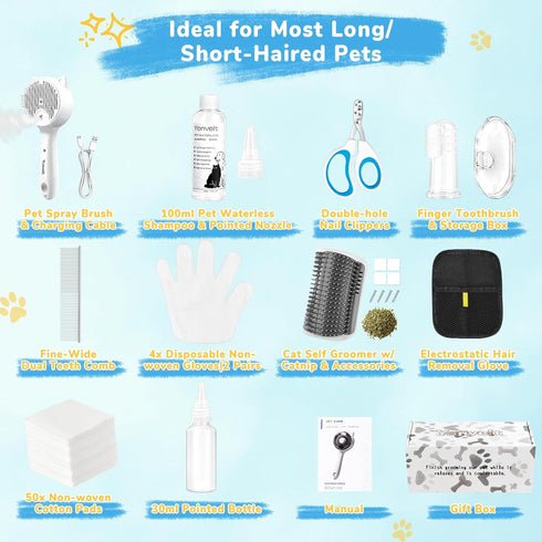 Yonvelt 10Pcs Set 100ml Gift-Set Mist Spray Brush Kit for Cats & Dogs, Hair Health & Grooming with Waterless Shampoo