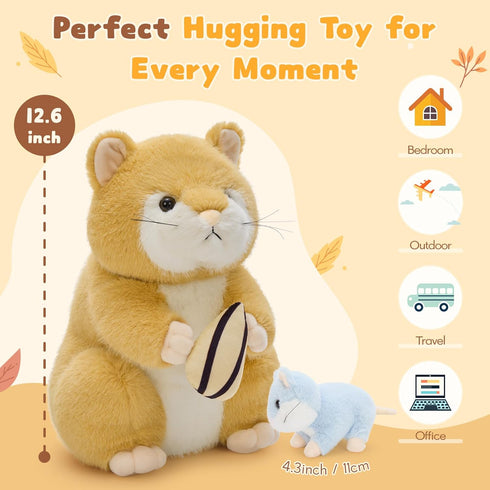 4 13" MorisMos Realistic Hamster Stuffed Animal with Surprise Squeaky Babies - Mama Plush Hamster Toy for Kids Girls