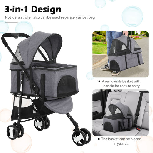 3-in-1 3 Dog Stroller Pet Stroller Folding Cat Strollers for Small/Medium Dogs with Detachable Carrier, Wheels Puppy