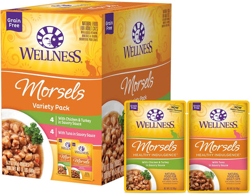 Wellness Healthy Indulgence Morsels - Grain-Free Wet Cat Food, 3 oz Pouches (Morsels Variety Pack, 8 Pack)