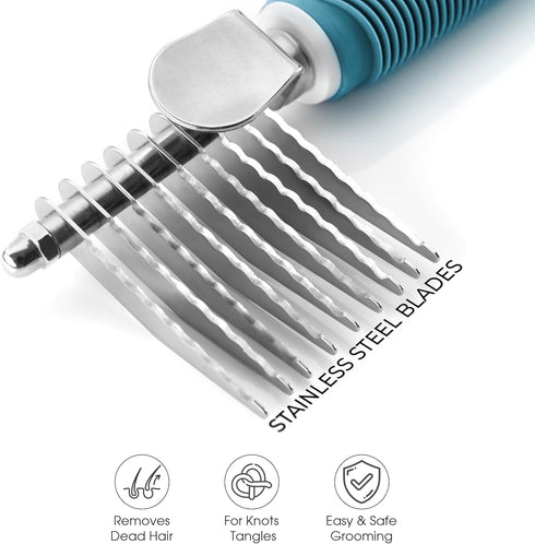 Poodle Pet Dematting Fur Rake Comb - Dog and Cat Comb with Long Steel Safety Blades for Detangling