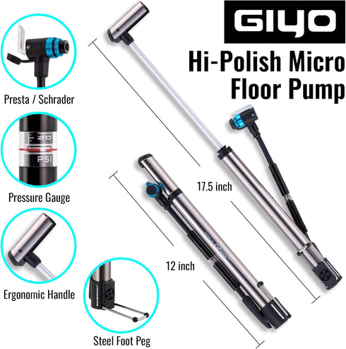 GIYO GM741 High Precision Portable Bike Pump with Gauge, 140 PSI, Universal Valve