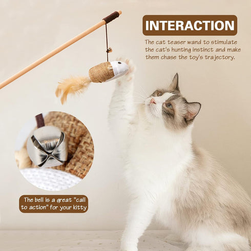 Natural Wood Cat Teaser Wand Toy, 3pcs 16 Inch Catnip Sticks for Teeth Cleaning and Indoor Exerciser