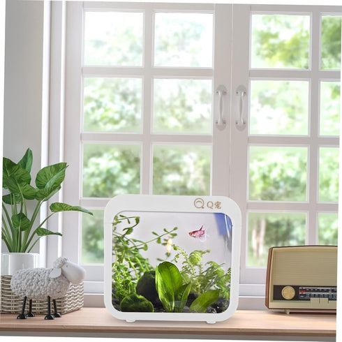 Plastic Aquarium Miniature Kits Small Aquarium Mini Fish Tank Small Aquarium with LED Lighting Fish Battle Box Ecological Landscape Box Desktop Aquarium Decoration LED Creative