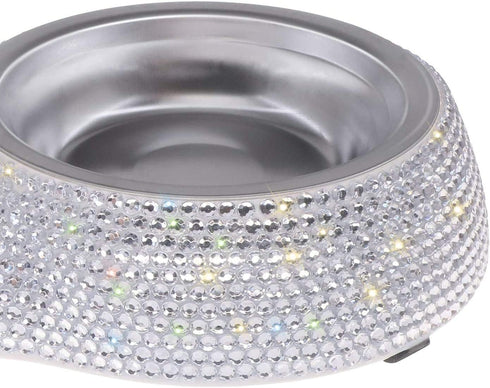 SAVORI Small Dog Bowls - Handmade Bling Rhinestones Stainless Steel Double Food Water Feeder for Cats and Dogs (Silver,