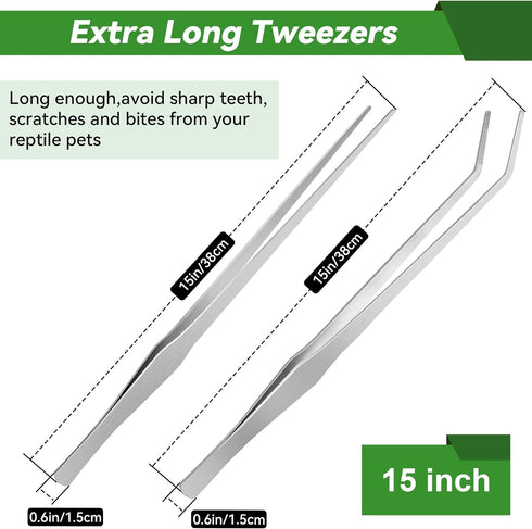 Long Tweezers for Aquarium 15 inch - 2 Pcs Stainless Steel Reptile Feeding Tongs, Curved and Straight Design