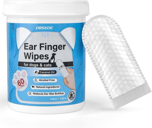 OBSEDE Ear Cleaner Finger Wipes, 60 Count Grooming Kit for Dogs and Cats, Soothing Odor Control, Fresh Coconut Scent