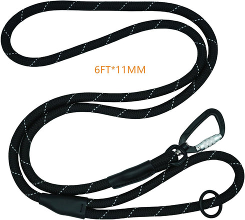 Carabiner Dog Leash 6ft, Durable Nylon Rope with Aviation Aluminum Carabiner Reflective at Night for Small Medium Large Dogs (Black, 6FT*11MM)