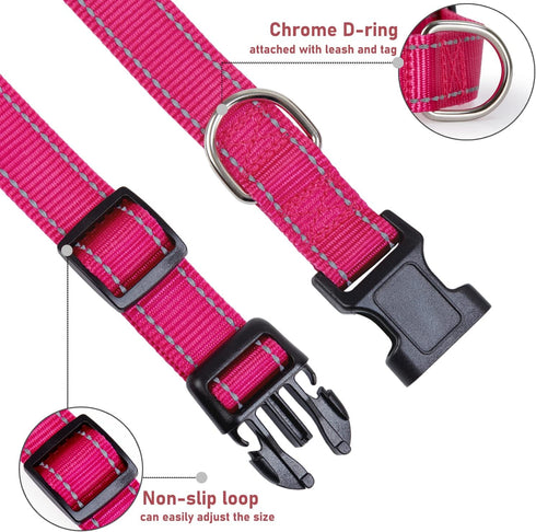 Reflective Dog Collar with Buckle, Adjustable Safety Nylon Collars for Small Medium Large Dogs, Pink S