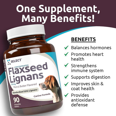 K9 Select Concentrated Flaxseed Lignans for Dogs, 20mg 90 Tablets, Peanut Butter Flavored Chewable