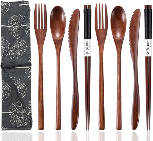Reusable Wooden Utensils for Eating, 8 Pcs Travel Cutlery Set with Case for Lunch