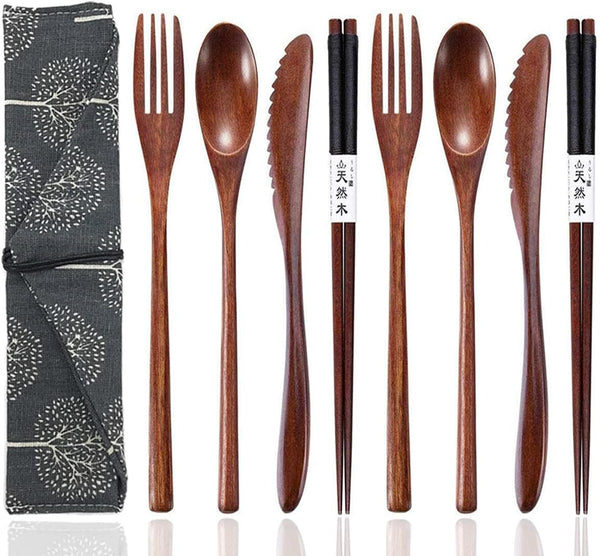 Reusable Wooden Utensils for Eating, 8 Pcs Travel Cutlery Set with Case for Lunch